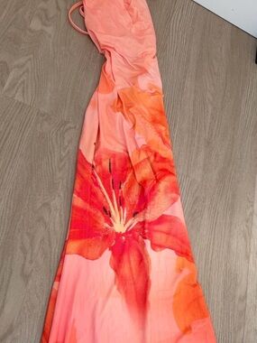 Vibrant Coral Floral Cowl Neck Tie Back Super Soft Bodycon Maxi Sz XS